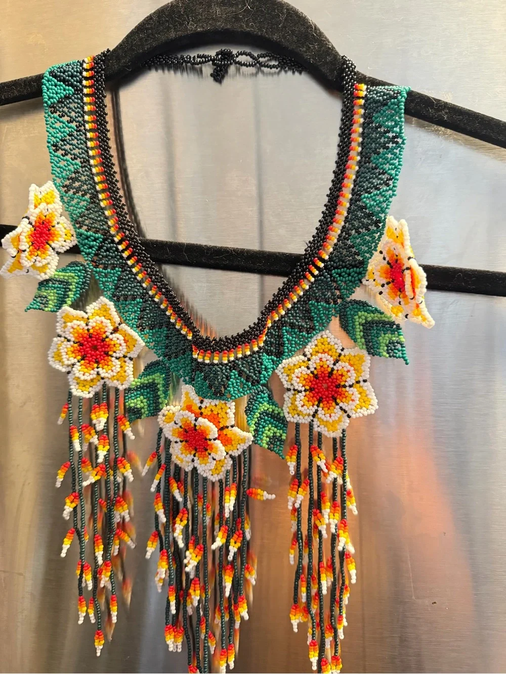 Handmade Floral Seed-Bead Necklace in Green with Yellow & Red Accents an Earrigs - Picture 4 of 9